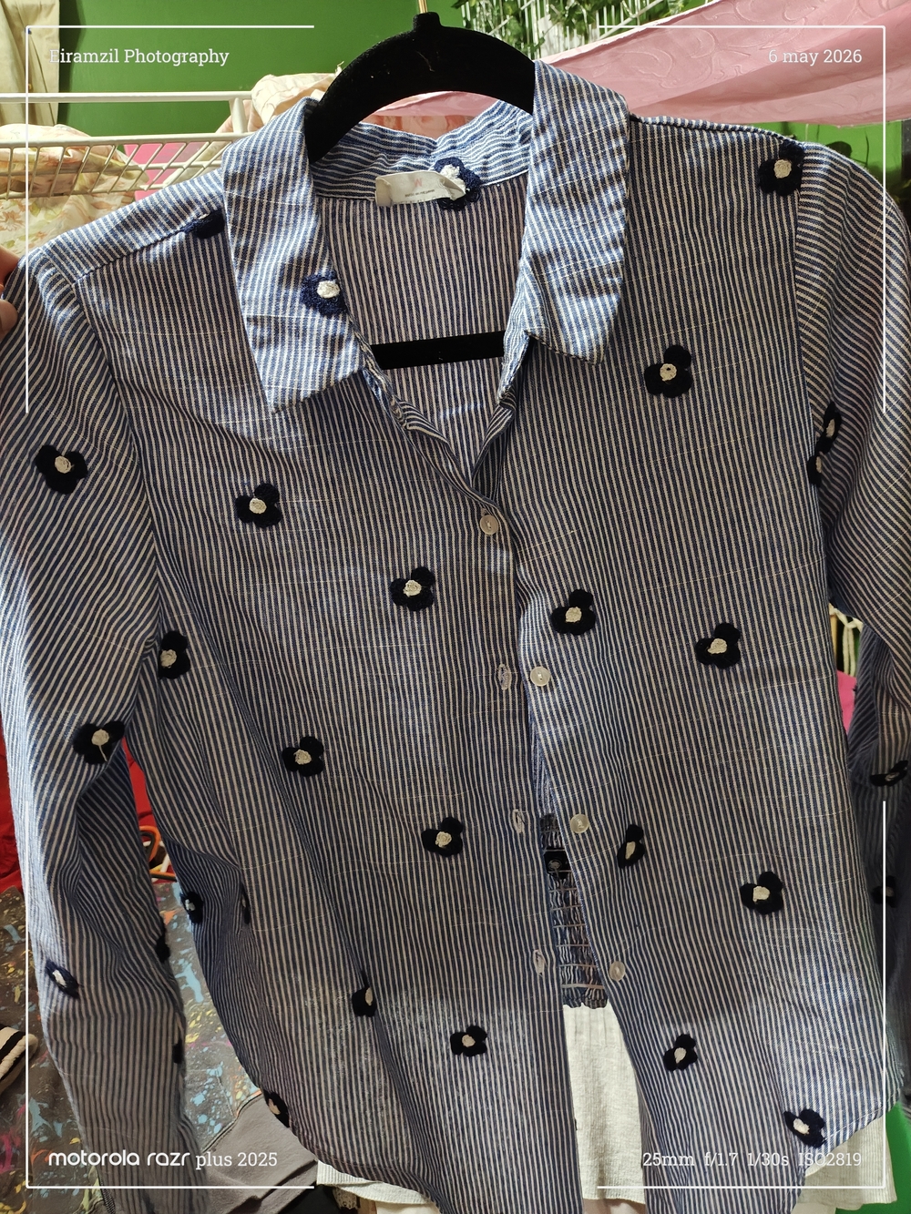Striped Blue Floral Embroidered Button-Up Shirt Jacket